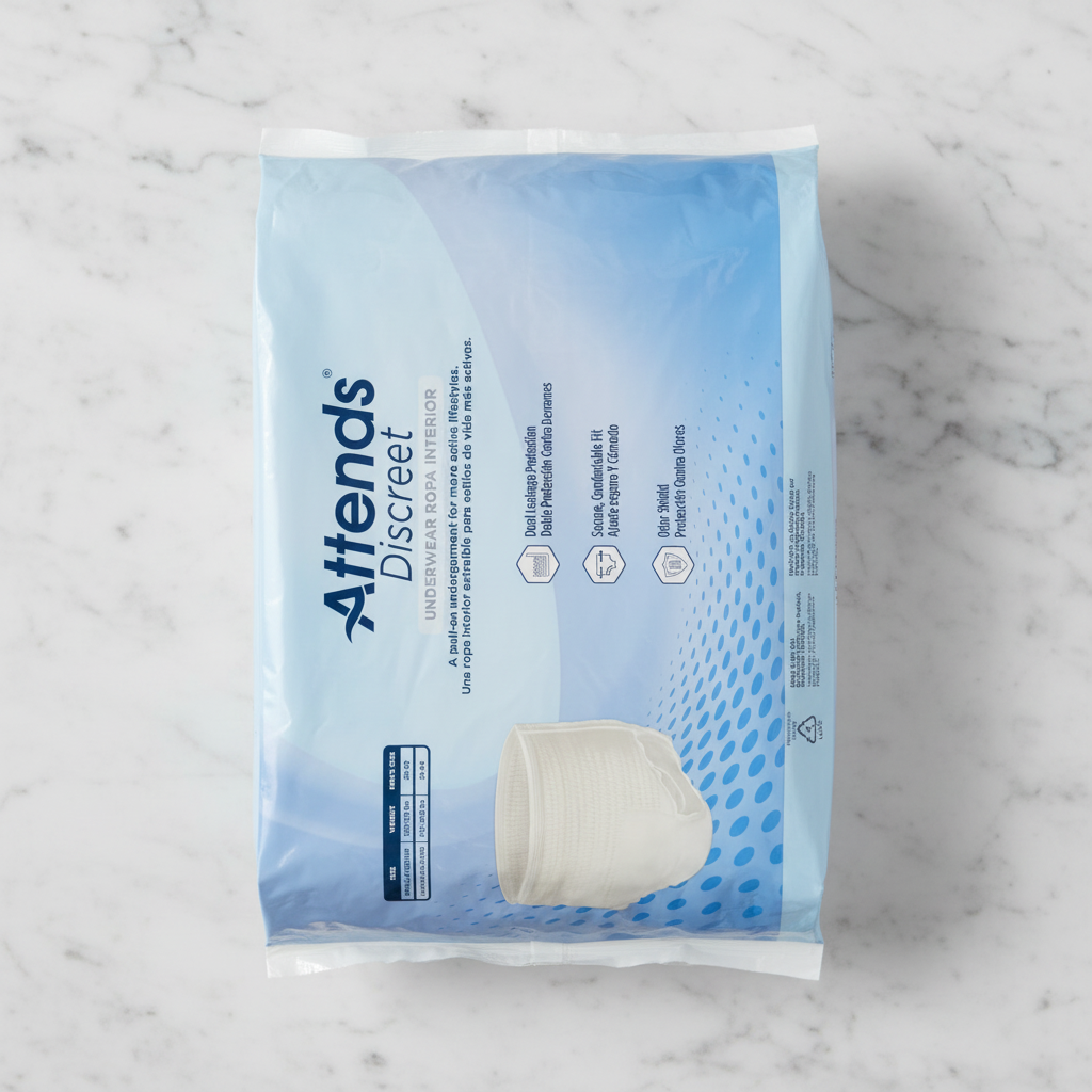 Front-facing studio shot of light blue Attends Discreet Men's Underwear L/XL packaging on clean marble surface