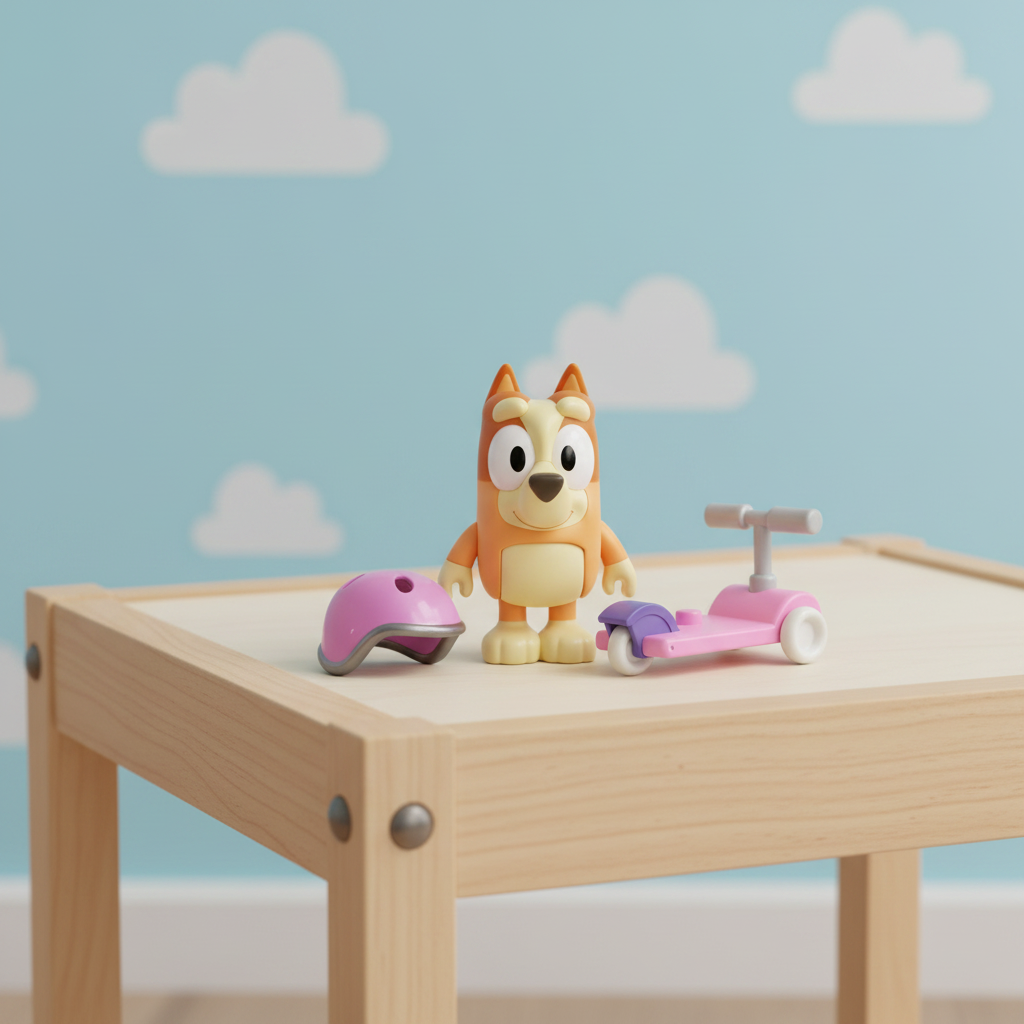 Bluey Bingo Chat Mates talking figure with included pink scooter and removable helmet on a play table