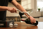 Close-up of hands operating Houdini Lever Corkscrew on red wine bottle in modern kitchen with silver Houdini stoppers on counter - More4less Outlet