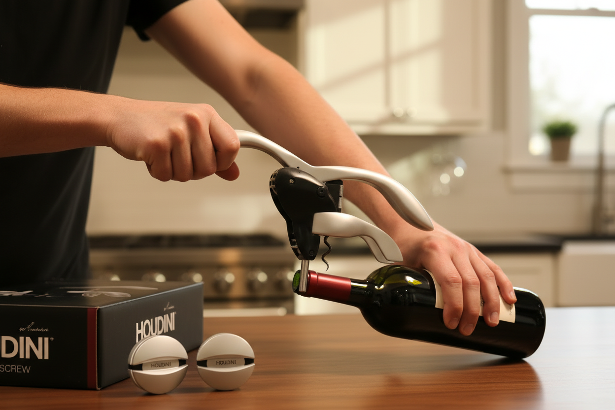 Close-up of hands operating Houdini Lever Corkscrew on red wine bottle in modern kitchen with silver Houdini stoppers on counter - More4less Outlet