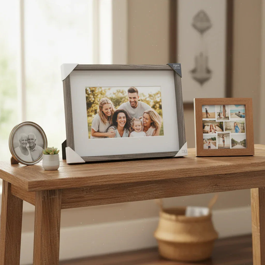 Mikasa grey wood grain frame on rustic wooden entryway table with family photos