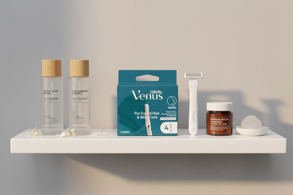 Bright minimal bathroom shelf with Gillette Venus Facial Refills teal box arranged with luxury skincare bottles and white facial razor