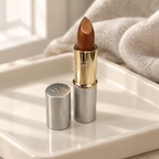 Mary Kay Gold Dust lipstick displayed on a cream vanity tray in soft window light