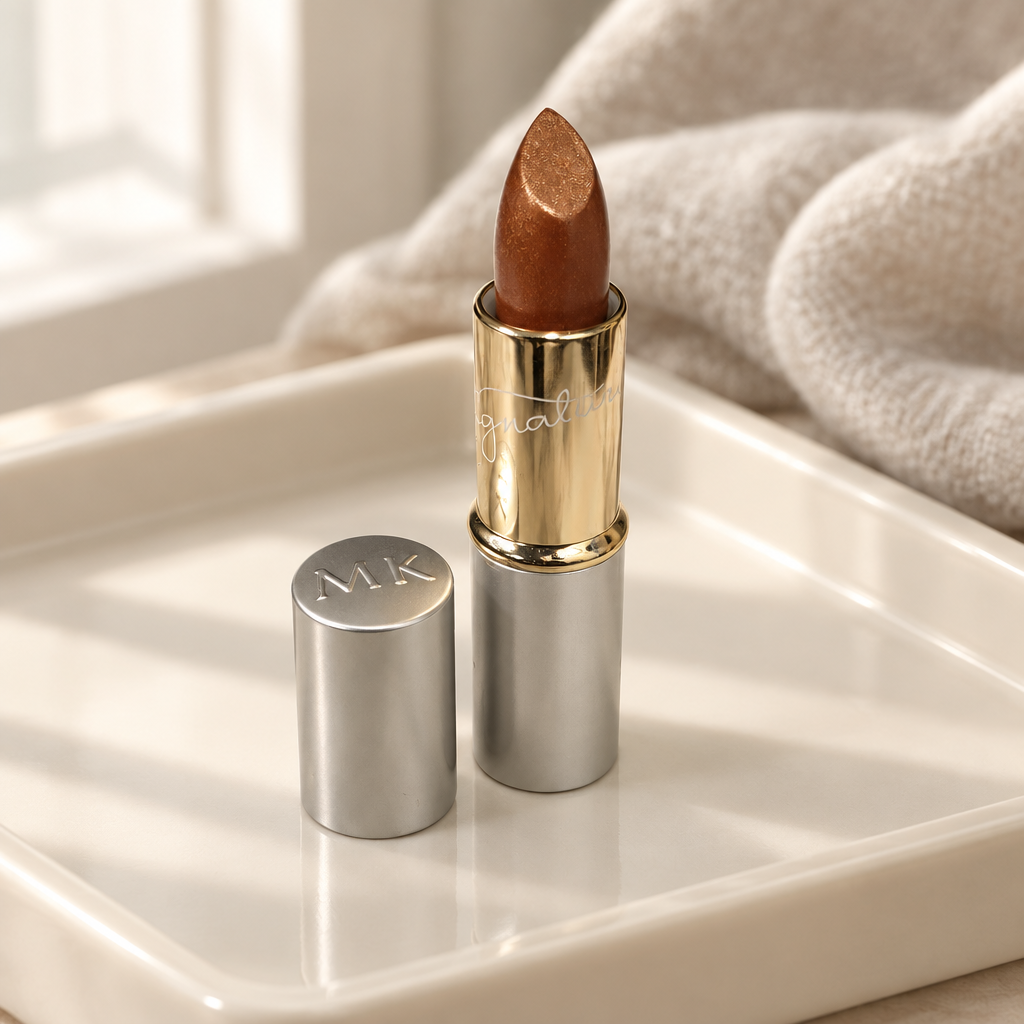 Mary Kay Gold Dust lipstick displayed on a cream vanity tray in soft window light