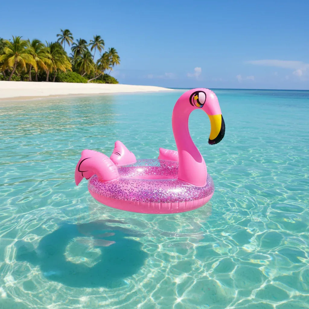 PoolCandy Glitter Flamingo pool tube floating in tropical ocean beach palm trees