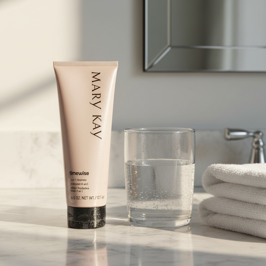 Mary Kay TimeWise 3-in-1 Cleanser tube on bathroom vanity counter next to a folded white towel and glass of water