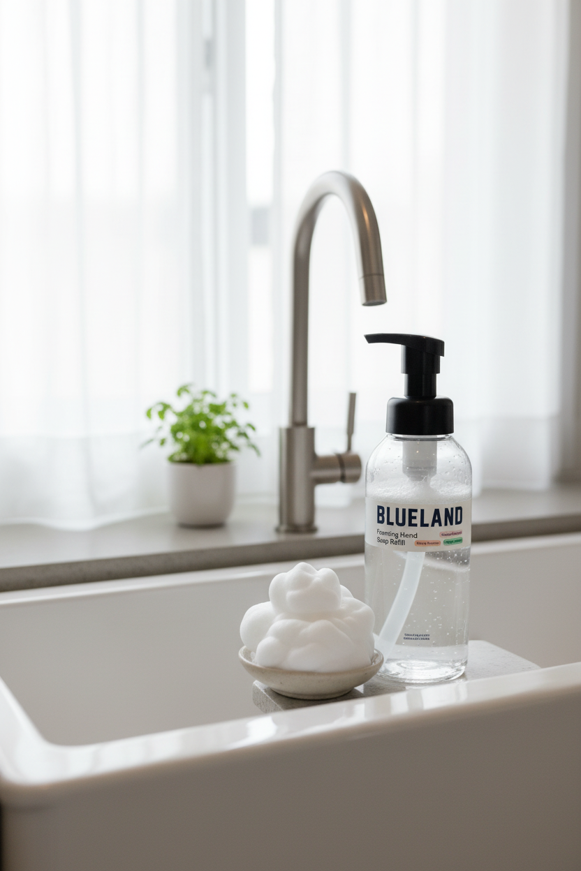 Modern kitchen sink with full foaming soap bottle and white foam