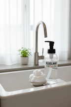 Modern kitchen sink with full foaming soap bottle and white foam