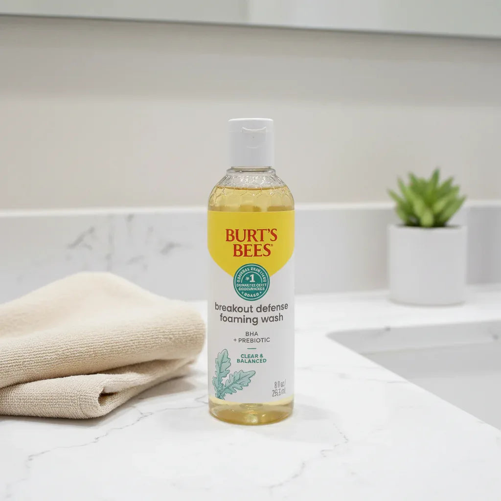 Burt's Bees Breakout Defense Foaming Wash on white quartz bathroom vanity with bamboo washcloth and small succulent