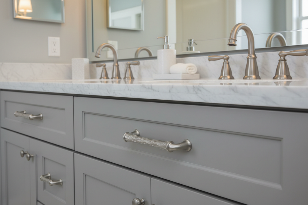 Baldwin Couture cabinet pull satin nickel on gray bathroom vanity with marble countertop and brushed nickel faucet - More4less Outlet