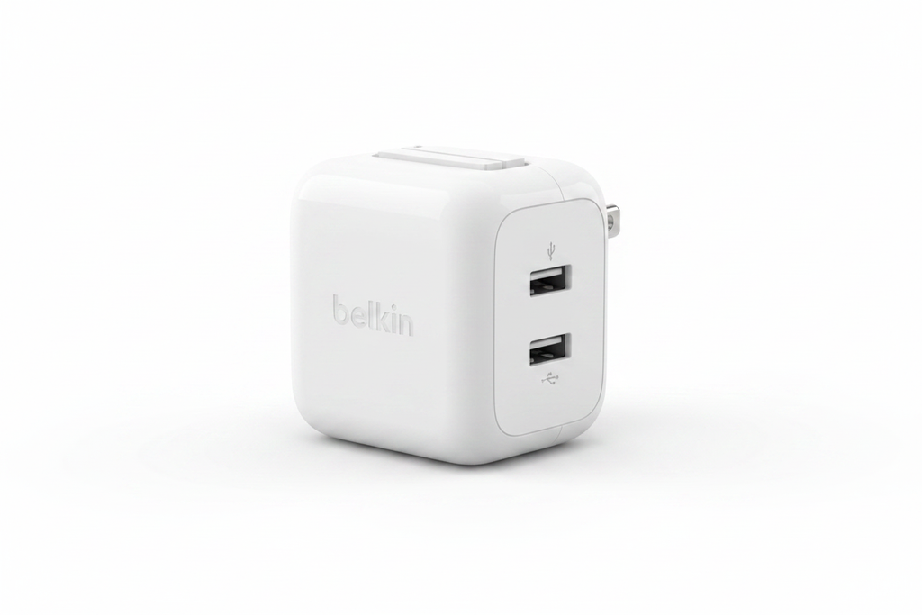 Belkin BOOST↑CHARGE 68W GaN wall charger white close-up showing dual USB-C ports and foldable prongs — More4less Outlet