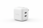 Belkin BOOST↑CHARGE 68W GaN wall charger white close-up showing dual USB-C ports and foldable prongs — More4less Outlet