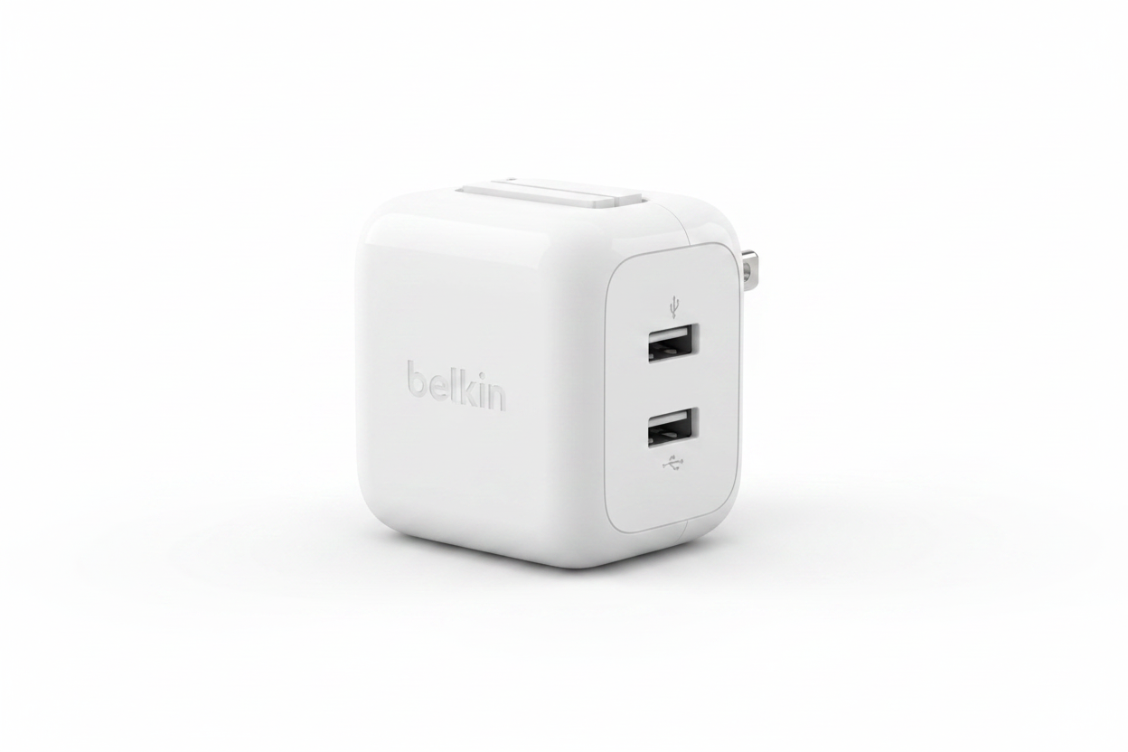 Belkin BOOST↑CHARGE 68W GaN wall charger white close-up showing dual USB-C ports and foldable prongs — More4less Outlet