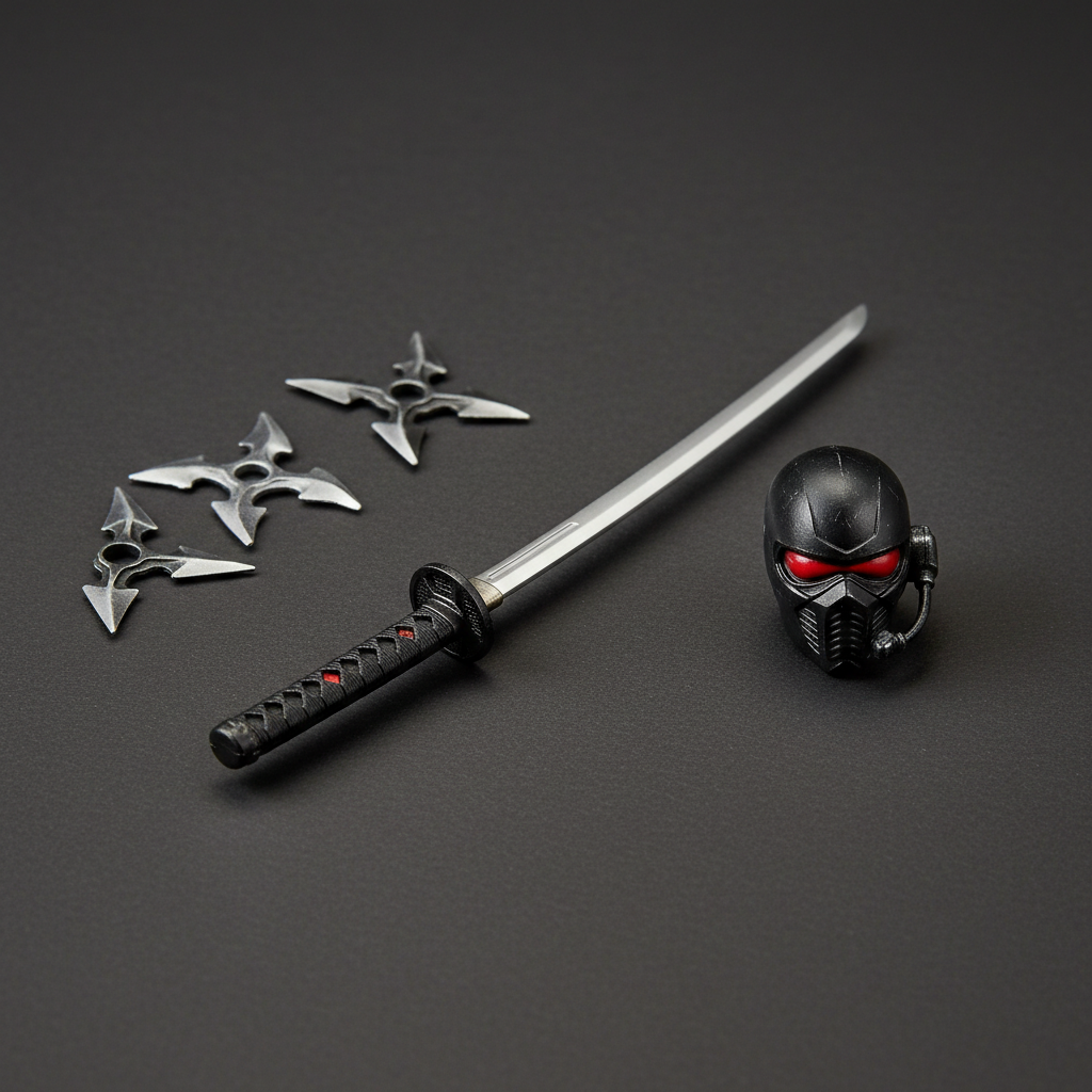 G.I. Joe Snake Eyes accessories flat lay — katana, throwing blades, alternate head on dark surface — More4less Outlet