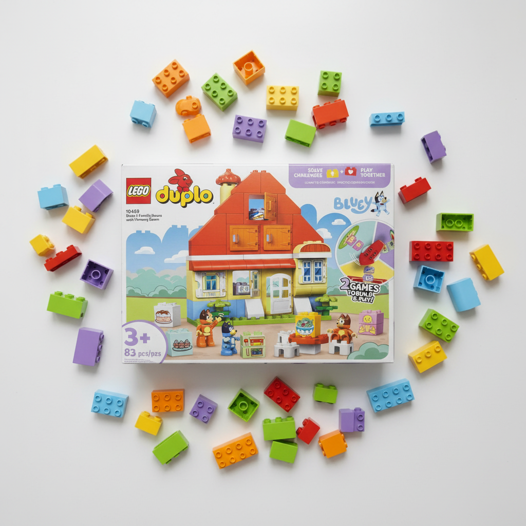 LEGO DUPLO Bluey's Family House with Memory Game (set 10459) factory-sealed retail box flat-lay on white surface alongside scattered colorful DUPLO bricks — bright playful toy flat-lay
