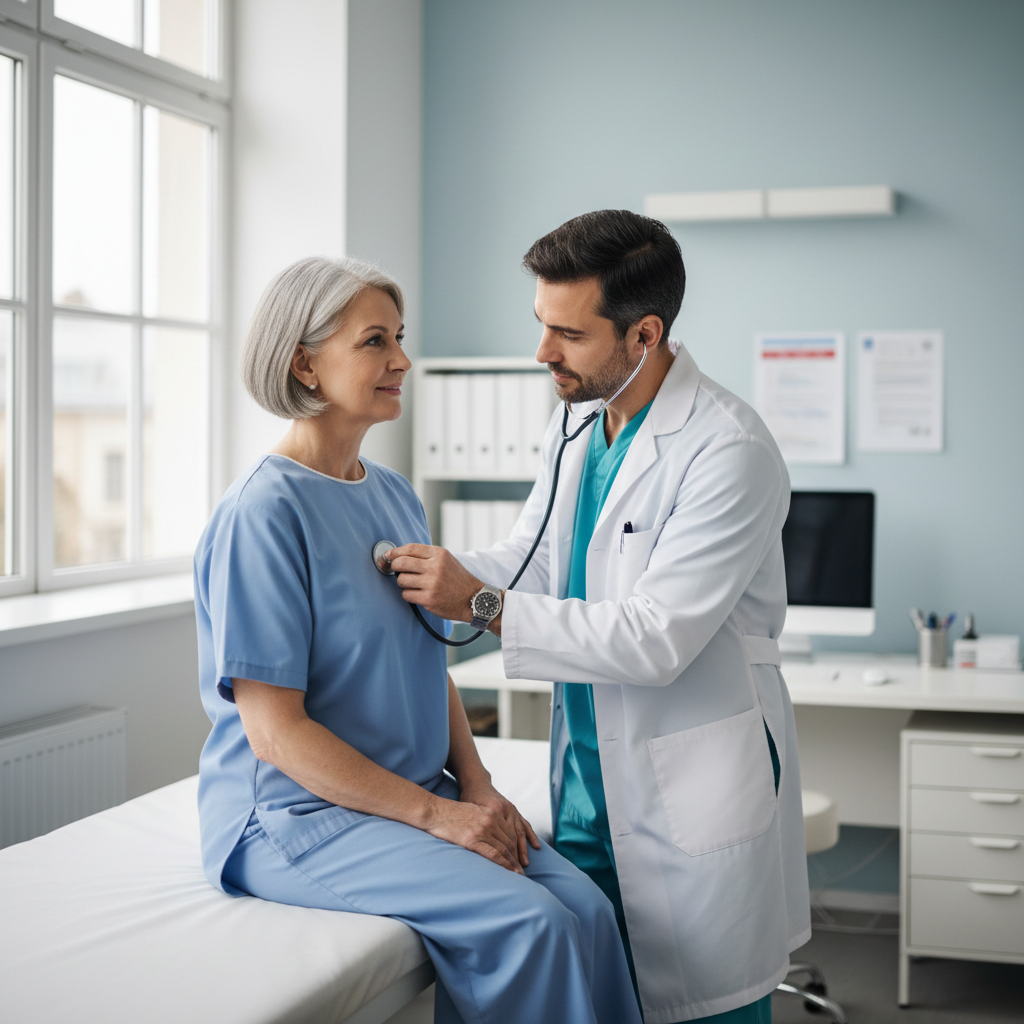 Older woman at routine cardiology checkup with doctor listening to her heart