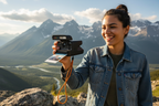 Polaroid Flip instant camera black held by traveler outdoors with scenic background — adventure travel photography — More4less Outlet