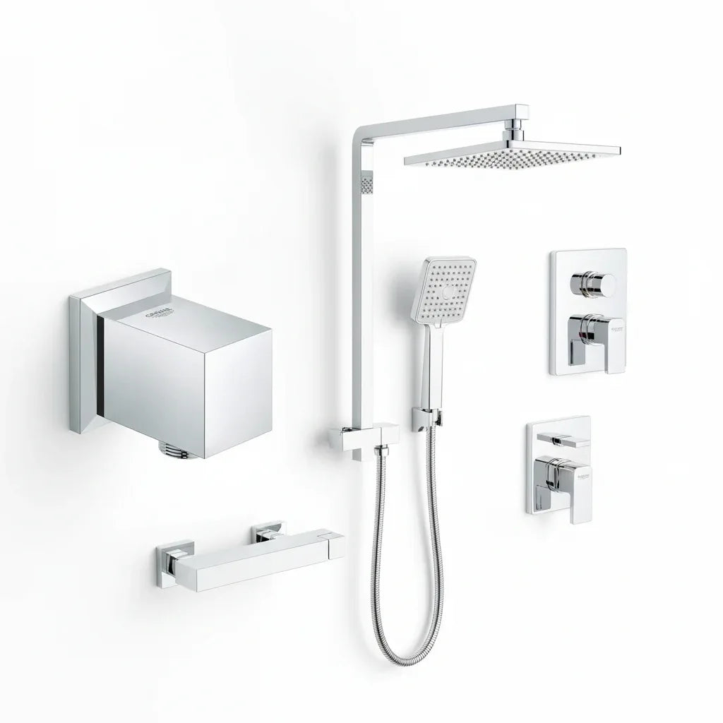 Studio setting for Grohe Allure Brilliant shower installation components in high-polish chrome