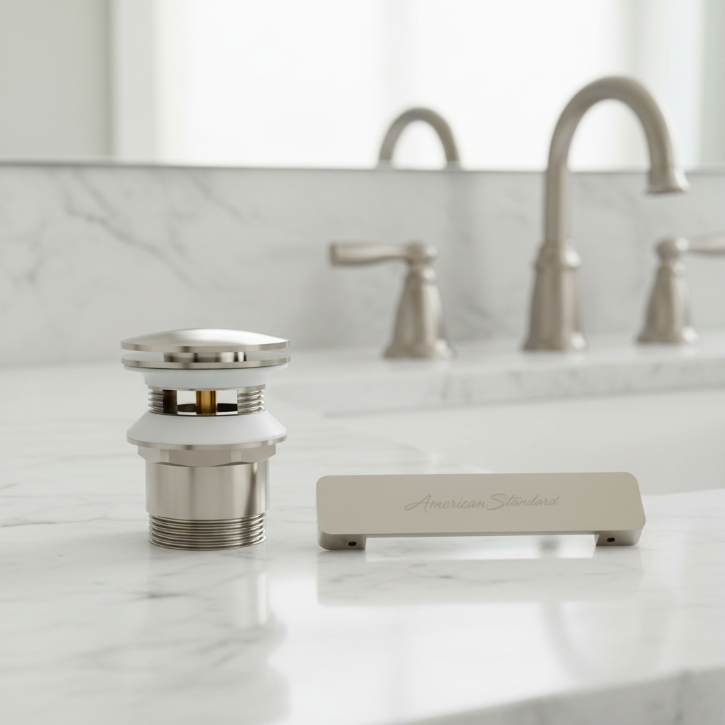 American Standard satin nickel drain assembly and overflow cover plate laid out side by side on a white marble bathroom countertop
