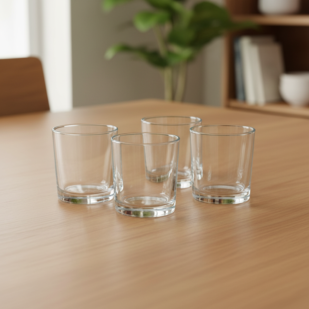 Four empty clear Anchor Hocking Mercado 7.5 fl oz glasses grouped on a neutral dining table