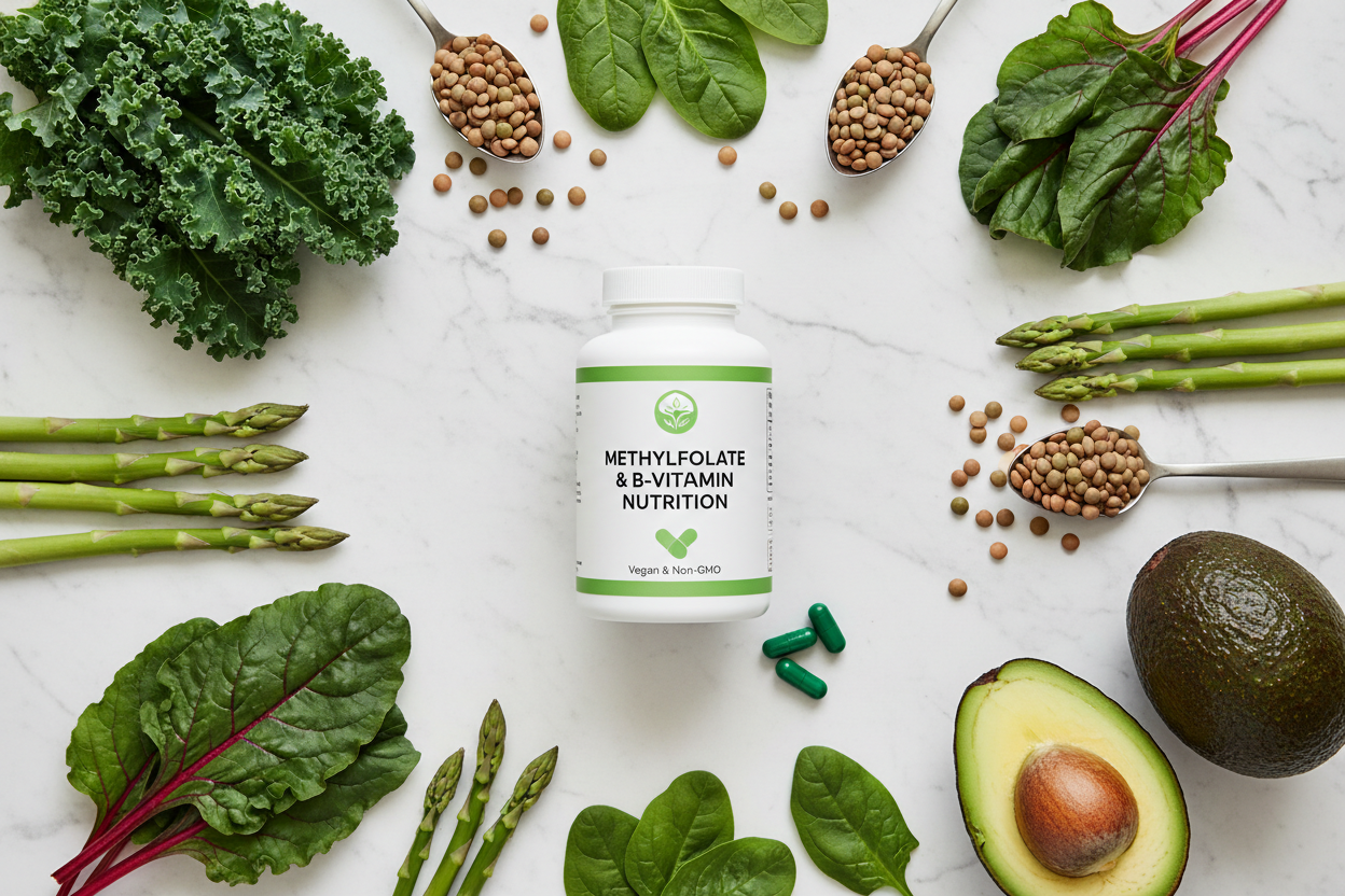 Top-down flat lay of supplement bottle with dark leafy greens, asparagus, lentils, and avocado on marble