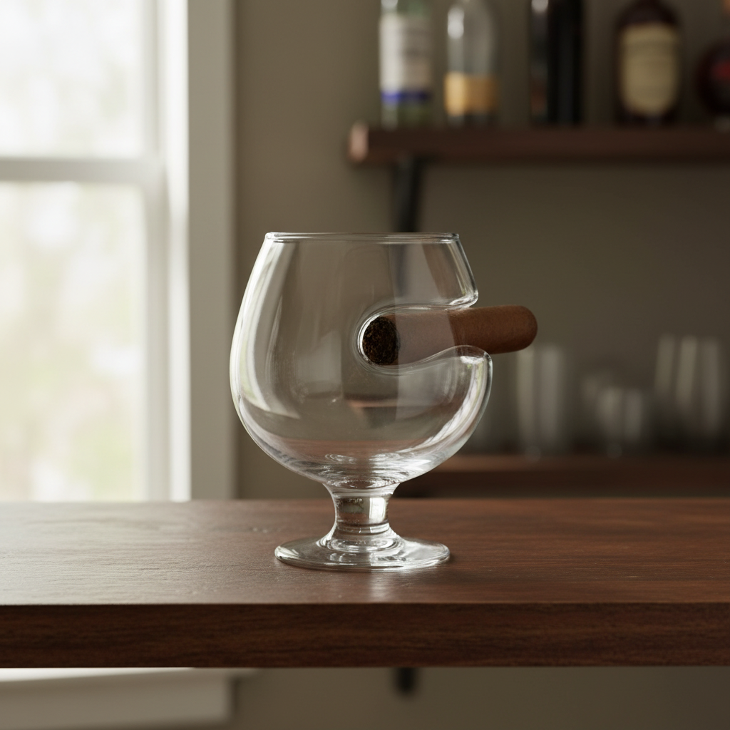 Brookstone clear cigar-holder whiskey glass shown with an unlit cigar for context only; cigar is not included