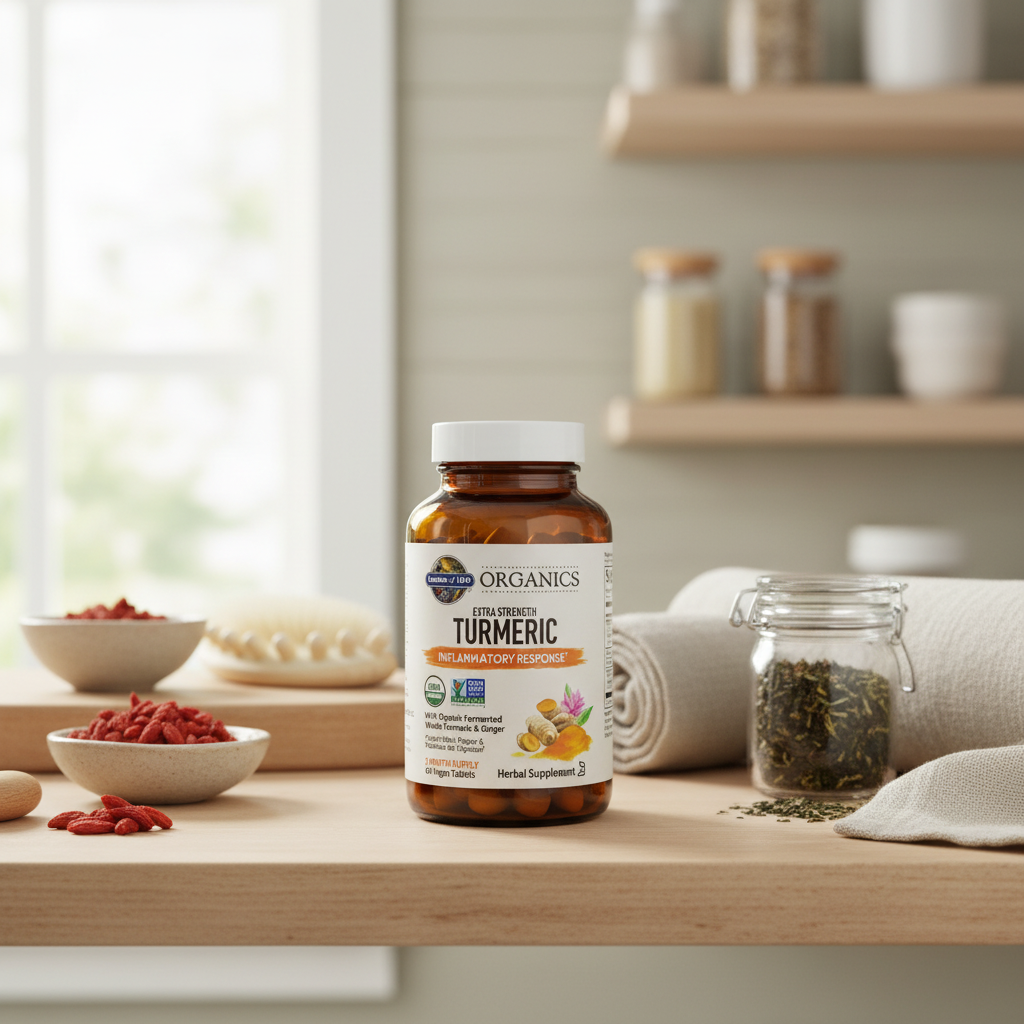 Garden of Life mykind Organics Extra Strength Turmeric bottle in a bright home pantry scene
