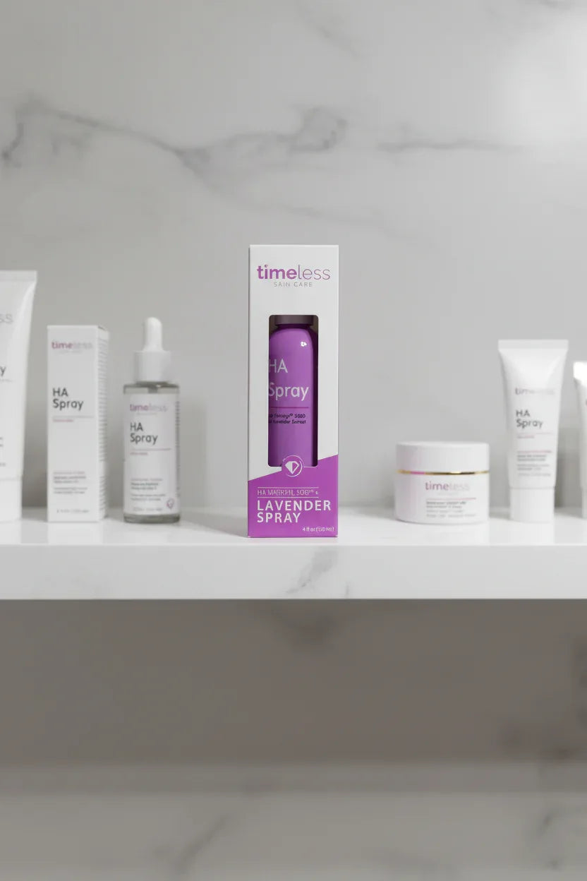 Professional skincare shelf display featuring a purple Timeless Skin Care facial mist spray in minimalist white packaging