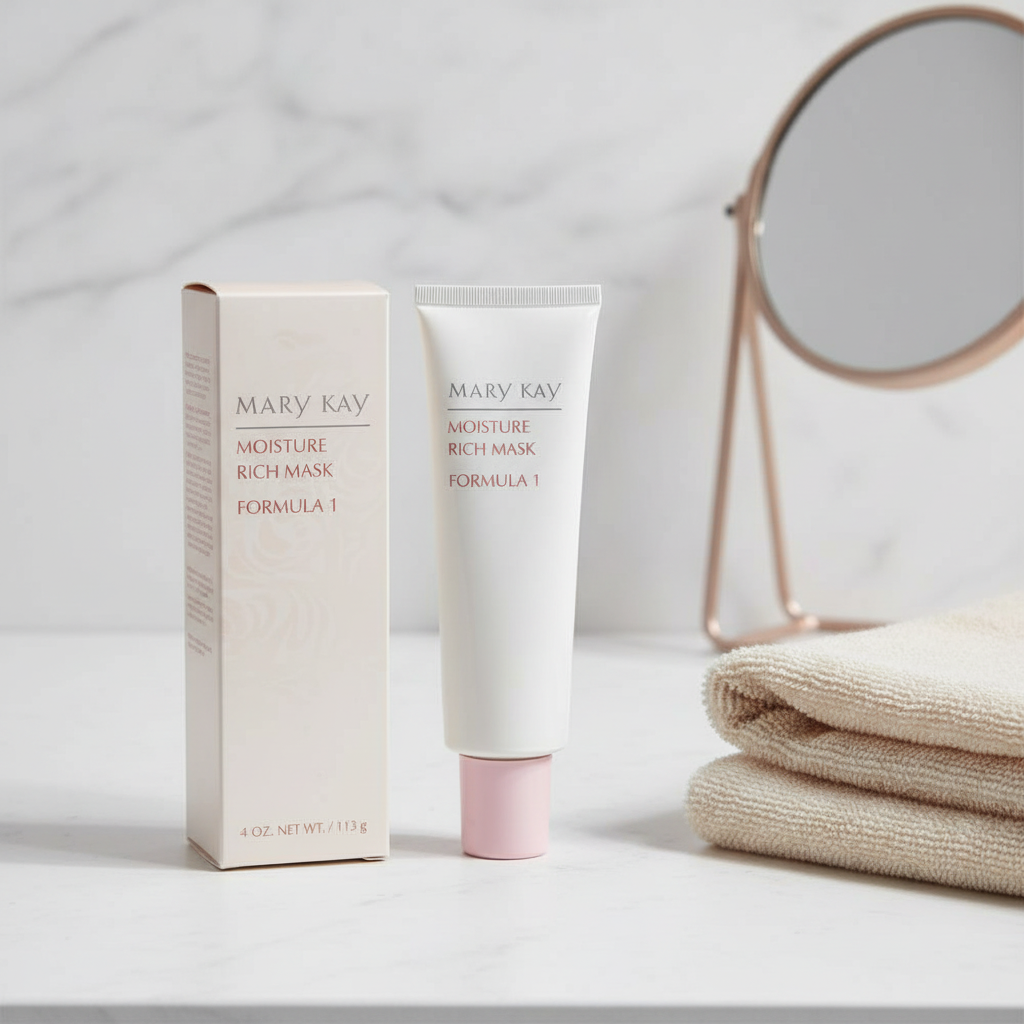 AI-generated contextual image of Mary Kay Moisture Rich Mask Formula 1 Cream Mask 4 oz beside a towel and vanity mirror