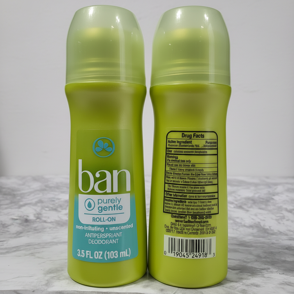 Two lime-green Ban Purely Gentle bottles on gray marble