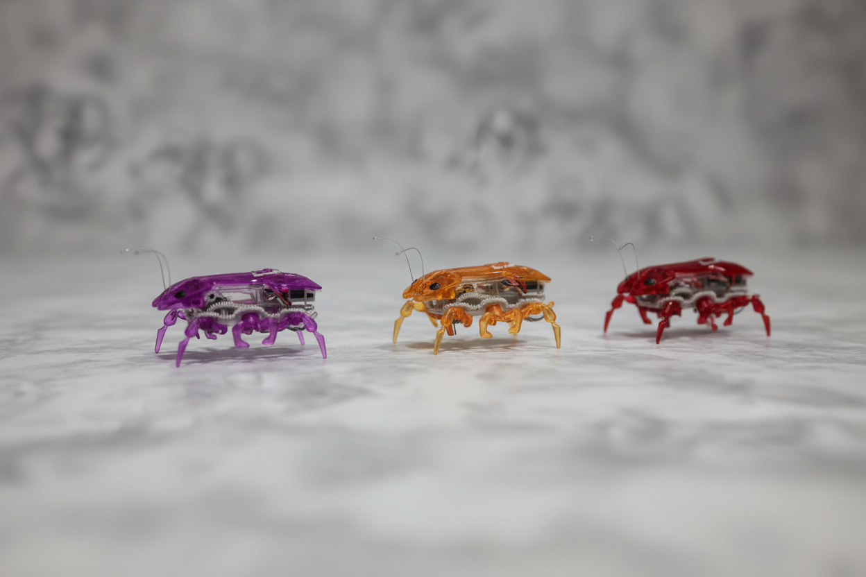 Three HEXBUG Fire Ant micro robotic creatures in purple, orange, and red racing across a surface low-angle shot