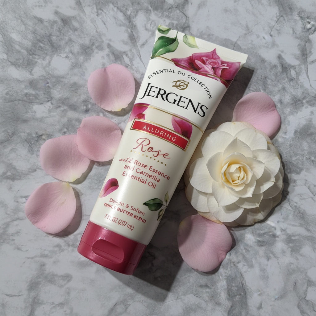 Fresh pink rose petals and camellia flower beside a white skincare tube on clean marble surface