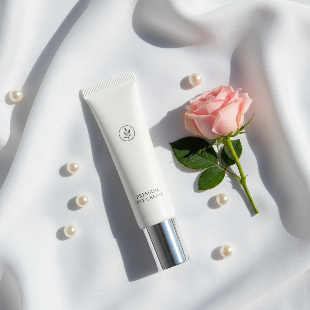 White pump tube skincare flat lay soft white background pink rose pearl beads minimalist luxury beauty product premium eye cream detail - More4less Outlet