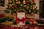 The Autobiography of Santa Claus by Jeff Guinn hardcover as Christmas gift with ribbon under decorated tree – More4less Outlet