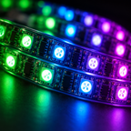 AI-generated close-up detail of illuminated RGB LEDs on the Bytech light strip