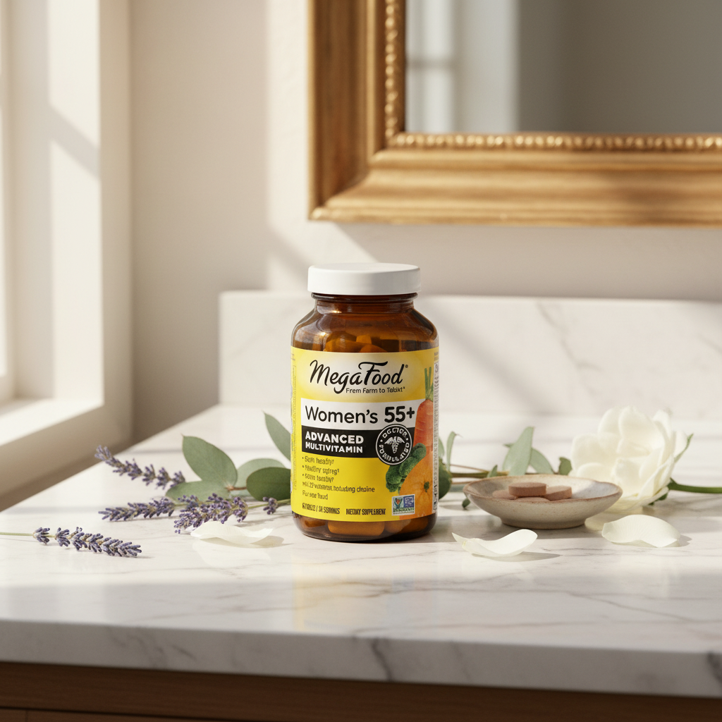Elegant women's multivitamin amber glass bottle on white marble vanity with soft morning light and fresh botanicals – More4less Outlet