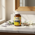 Elegant women's multivitamin amber glass bottle on white marble vanity with soft morning light and fresh botanicals – More4less Outlet