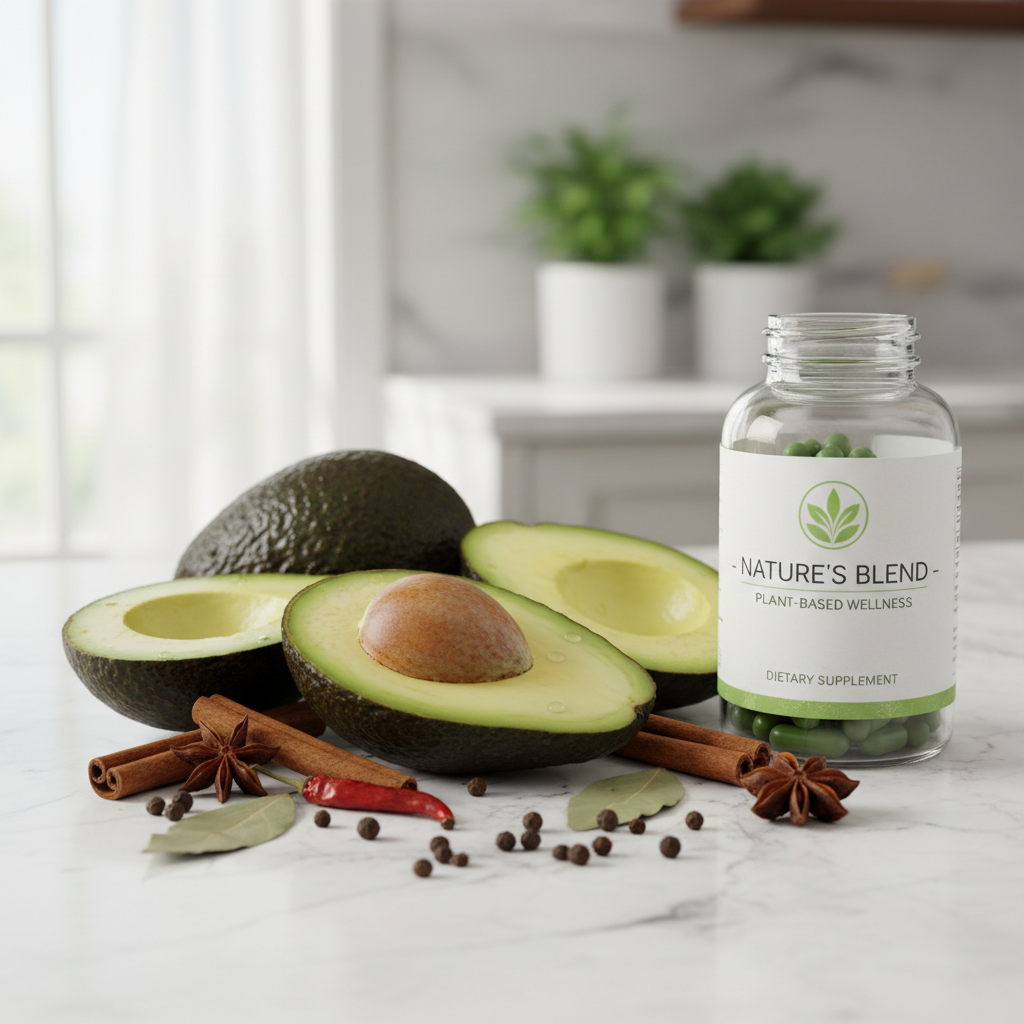Fresh sliced avocados and plant-based supplement bottle on bright marble countertop