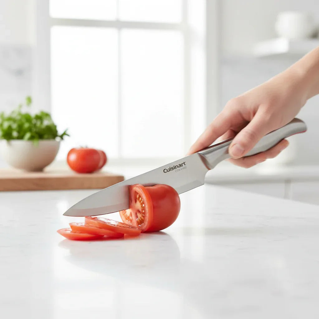 Cuisinart Santoku knife with red band precision cutting ripe tomato on white quartz kitchen island