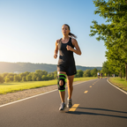 Active runner wearing black and neon green hinged knee brace on outdoor paved trail on sunny morning