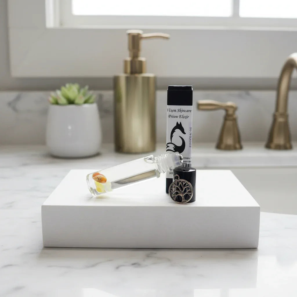 Vixen Prism crystal essential oil roller and carton displayed on a white vanity; the Discovery Duo includes Prism and Happiness, 10 mL each