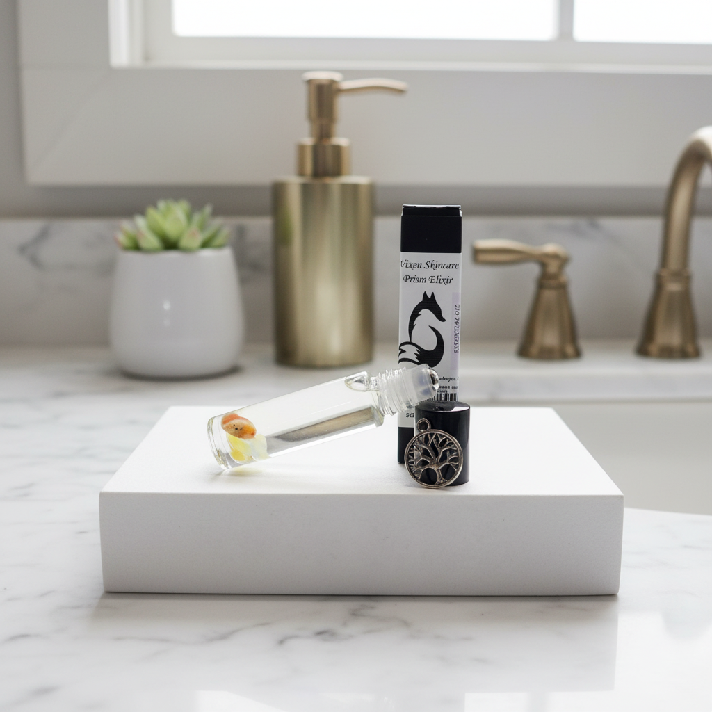 Vixen Skincare crystal elixir roller bottles displayed on elegant white marble bathroom vanity with spa-like natural lighting.