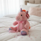 Russ Jazwares 17 inch Pink Unicorn Plush displayed as gift on white bedding with ribbon and pink confetti - More4less Outlet