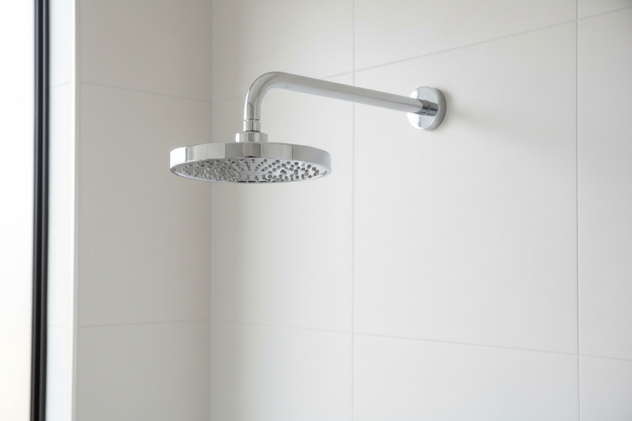 Grohe Classic II polished chrome shower arm with dome flange installed in minimalist white bathroom with matching chrome shower head and morning light