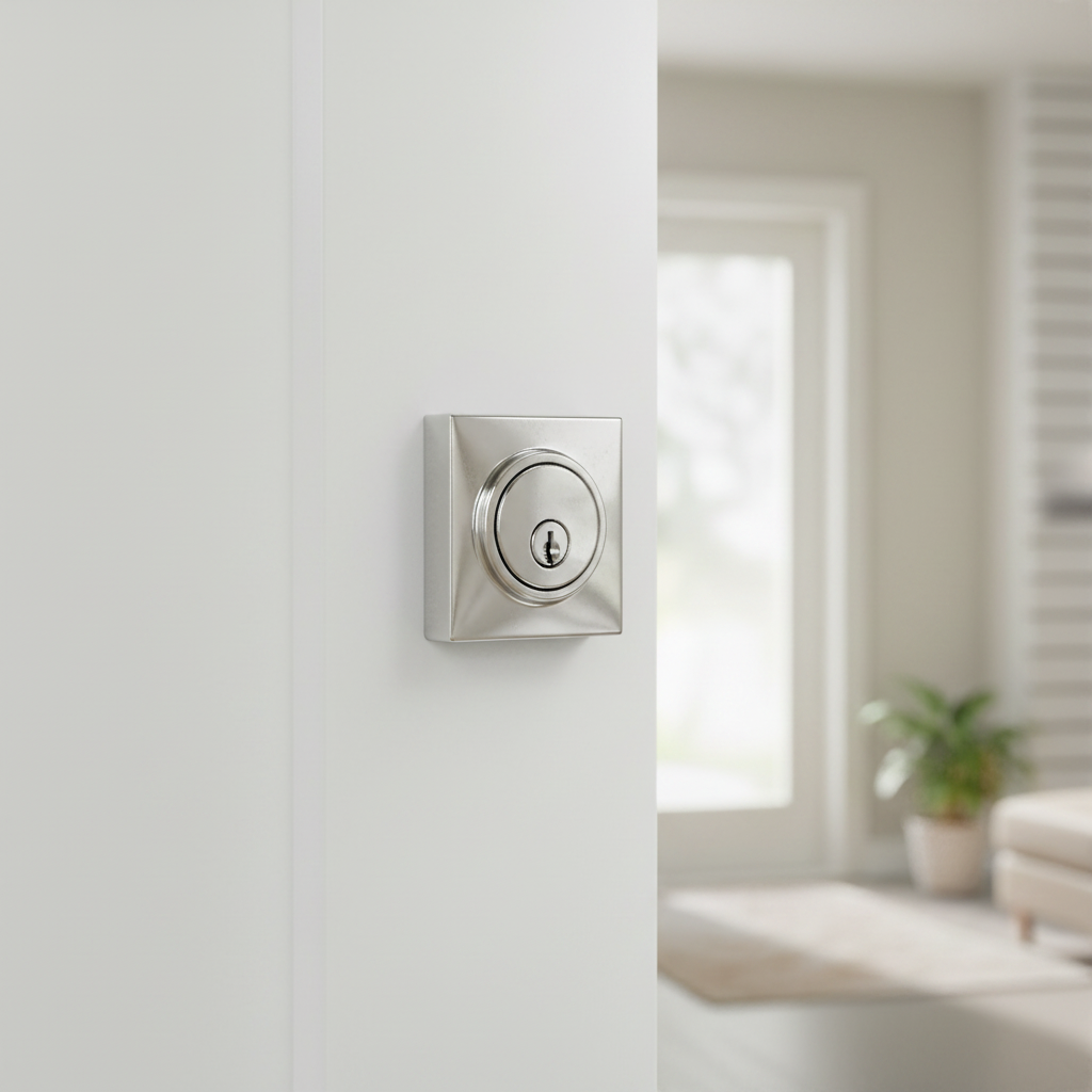Kwikset Signature Series square polished chrome deadbolt lock installed on modern white front door – More4less Outlet