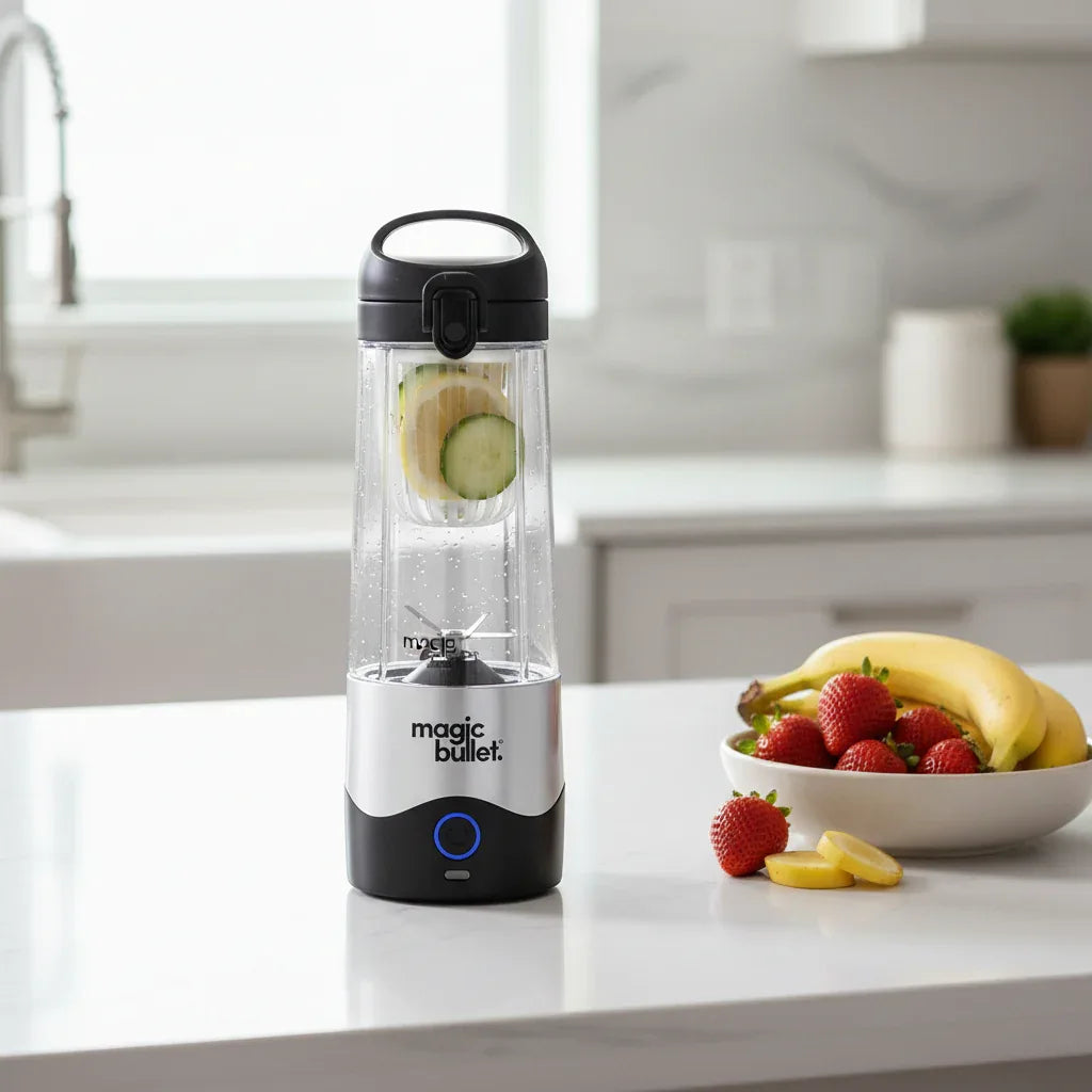 Magic Bullet Portable Blender on white quartz kitchen island with fresh fruit bowl of bananas and strawberries for natural smoothies