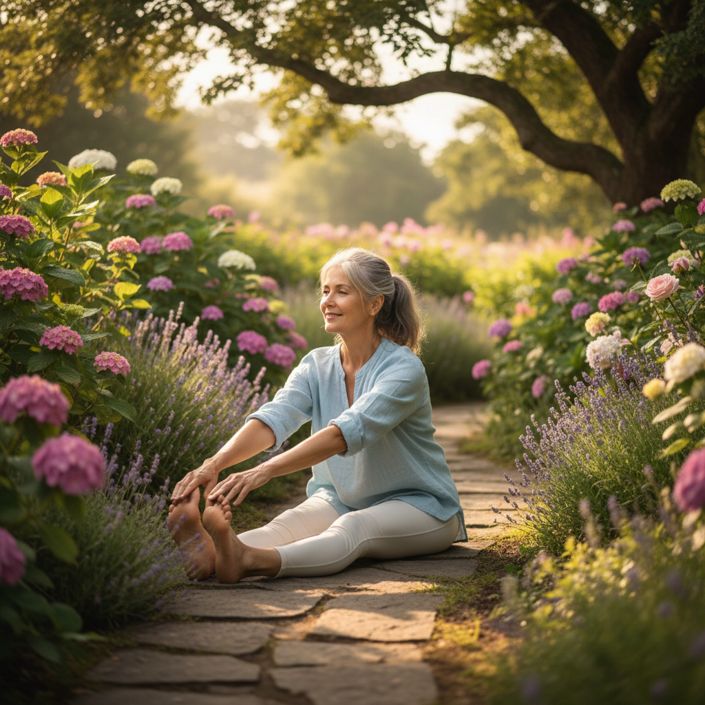 Older woman doing gentle yoga stretch outdoors in garden supporting active healthy aging