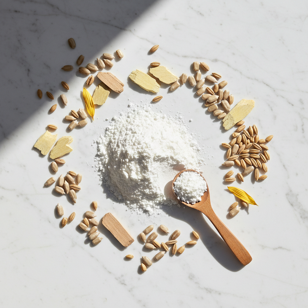 Powder, sunflower seeds, sandalwood, and barley flat lay on white marble