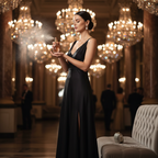 Lifestyle — sophisticated woman in elegant black dress spritzing perfume on wrist at glamorous evening event, crystal chandelier bokeh background — editorial for visual context only