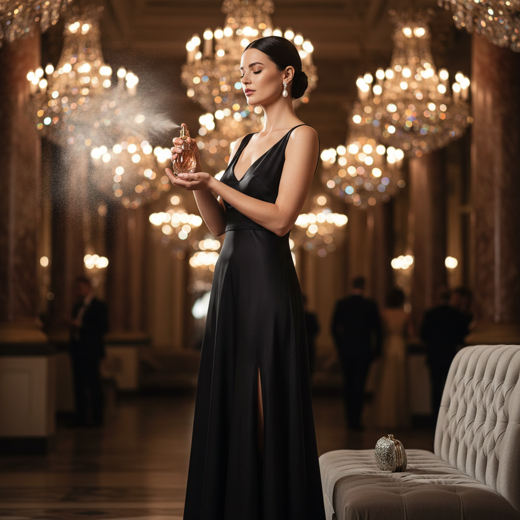 Lifestyle — sophisticated woman in elegant black dress spritzing perfume on wrist at glamorous evening event, crystal chandelier bokeh background — editorial for visual context only